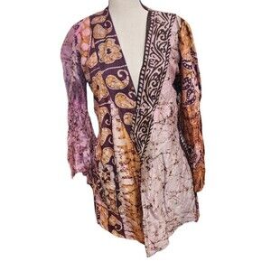 Batik-Style Raw Silk Ethnic Jacket Open Front Boho Size Medium Vintage